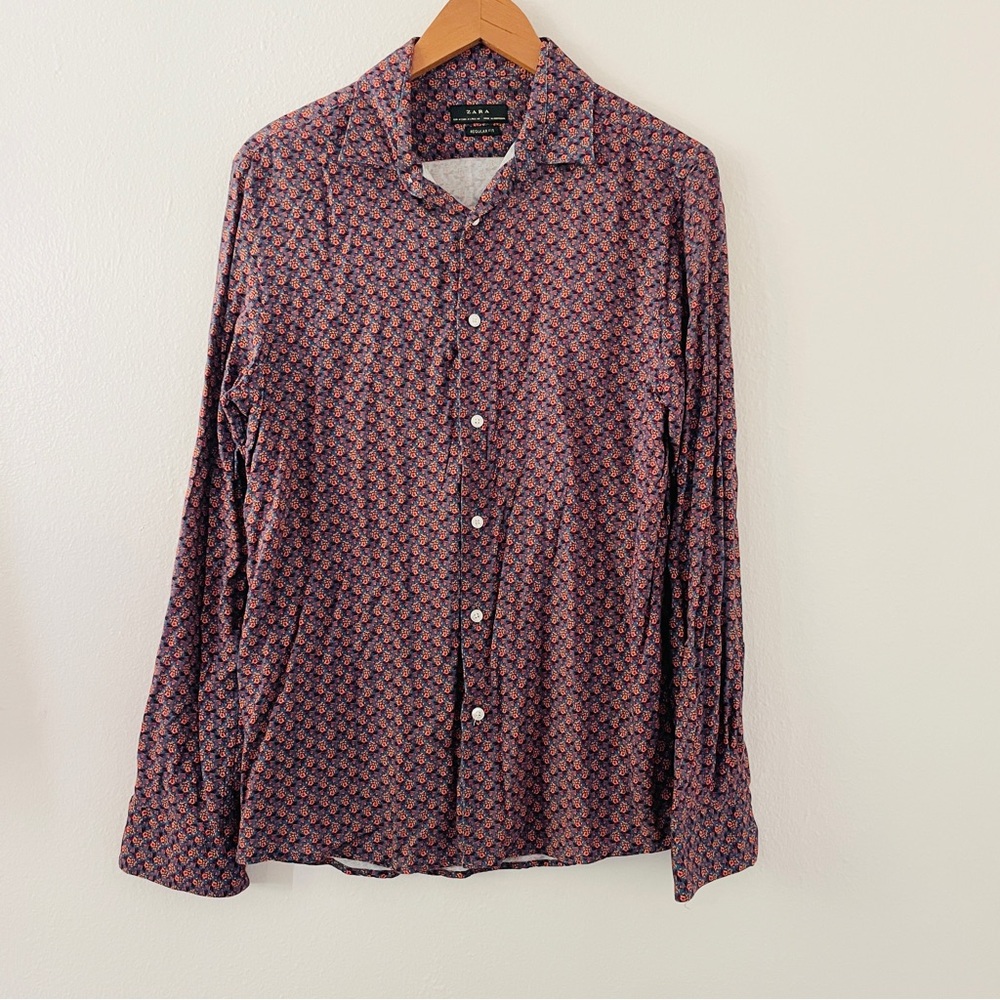 Zara Man Floral Button Down Shirt - Brown & Blue - Picture 2 of 3